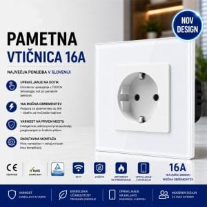 16A modularna Livolux stenska vtičnica z okvirjem iz kaljenega stekla