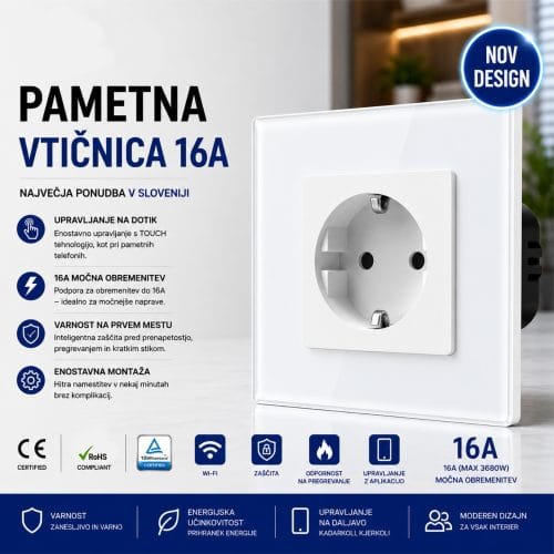 16A modularna Livolux stenska vtičnica z okvirjem iz kaljenega stekla
