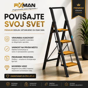FIXMAN zložljiva lestev 4 stopnice premium zložljiva lestev FIXMAN 4 stopnice črna z lesenimi stopnicami