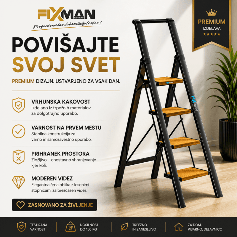 FIXMAN zložljiva lestev 4 stopnice premium zložljiva lestev FIXMAN 4 stopnice črna z lesenimi stopnicami