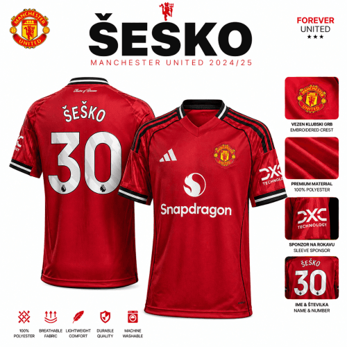 Nogometni dres Manchester United Šeško 30 rdeč domači komplet