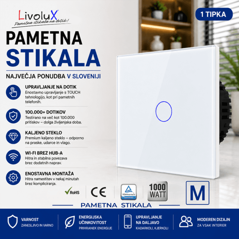 Touch stikalo ONE TOUCH – menjalno stikalo na dotik iz kaljenega stekla