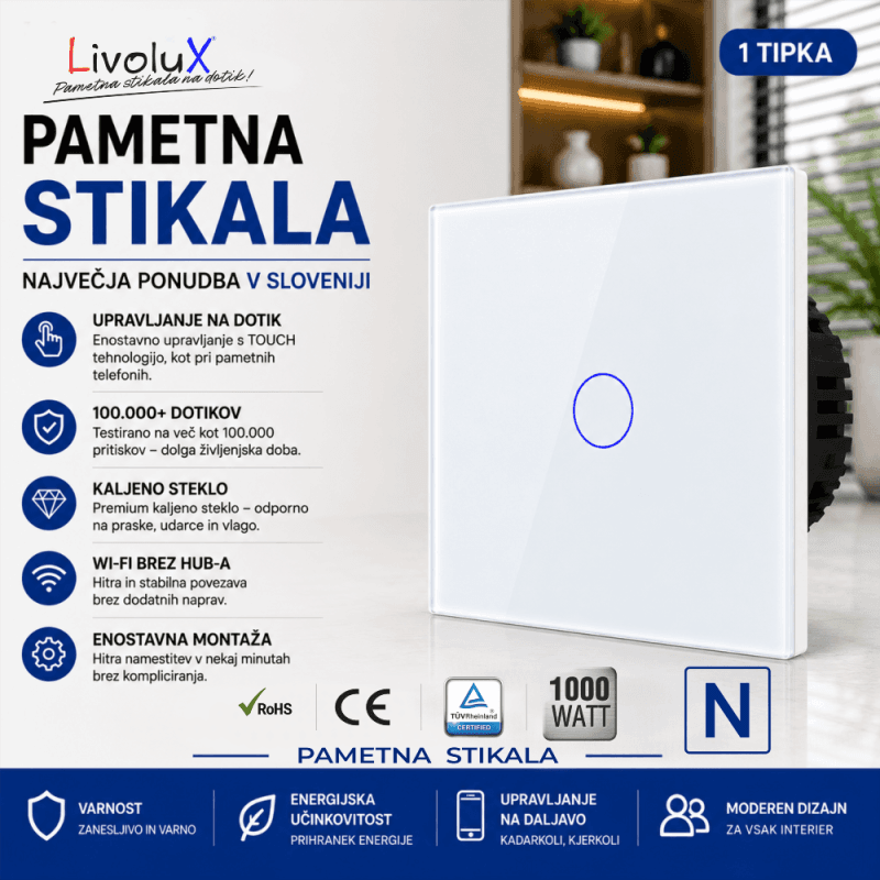 Touch stikalo ONE TOUCH – navadno stikalo na dotik iz kaljenega stekla