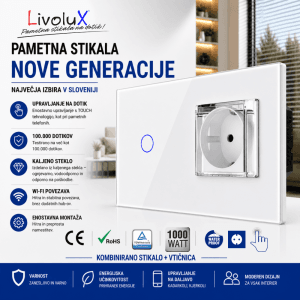 Livolux touch stikalo + waterproof vtičnica – bela steklena izvedba Livolux kombinirana enota s touch stikalom in vodoodporno zaščiteno vtičnico, steklena plošča, LED indikator