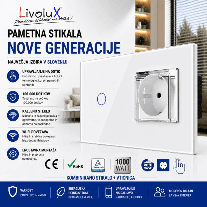 Livolux touch stikalo + waterproof vtičnica – bela steklena izvedba Livolux kombinirana enota s touch stikalom in vodoodporno zaščiteno vtičnico, steklena plošča, LED indikator