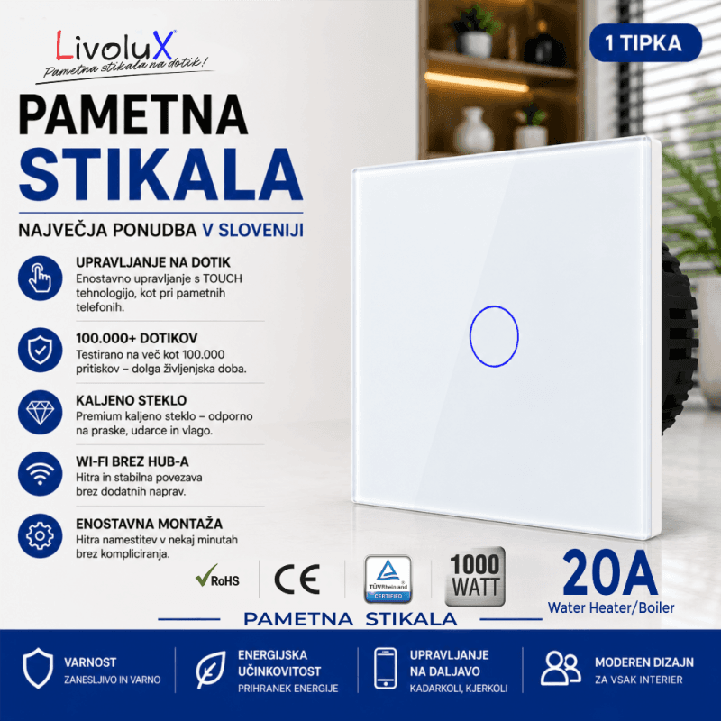 Livolux 20A stikalo za grelnik vode z belim steklenim panelom