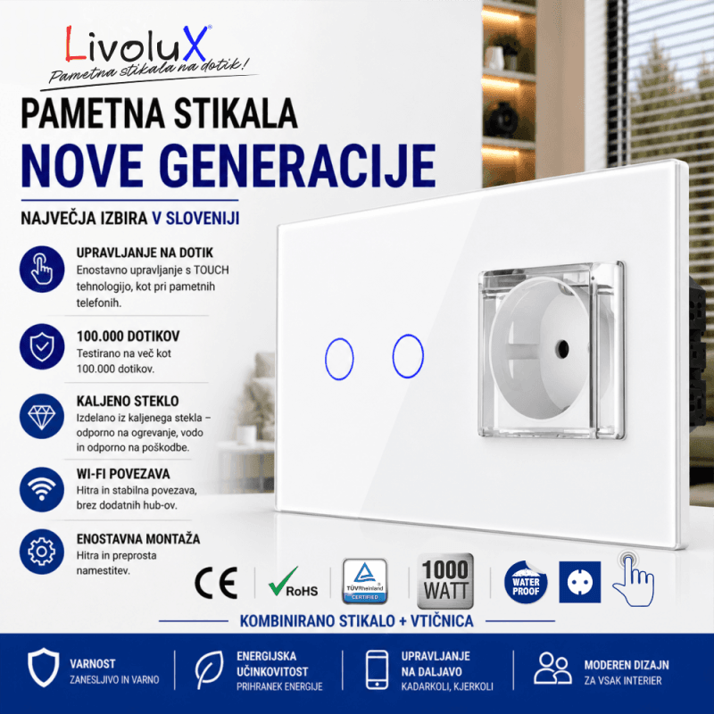 Livolux touch stikalo + waterproof vtičnica – bela steklena izvedba Livolux kombinirana enota s touch stikalom in vodoodporno zaščiteno vtičnico, steklena plošča, LED indikator