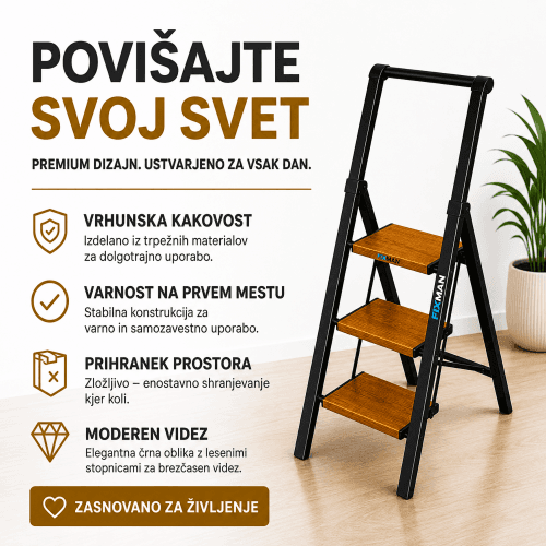 FIXMAN zložljiva lestev 3 stopnice – premium črna z lesenimi stopnicami zložljiva lestev FIXMAN 3 stopnice črna z lesenimi stopnicami premium