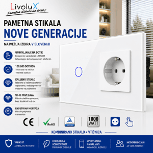 Livolux kombinirano touch stikalo 1G1W z vgrajeno vtičnico – belo stekleno pametno stikalo