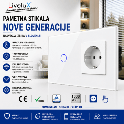 Livolux kombinirano touch stikalo 1G1W z vgrajeno vtičnico – belo stekleno pametno stikalo