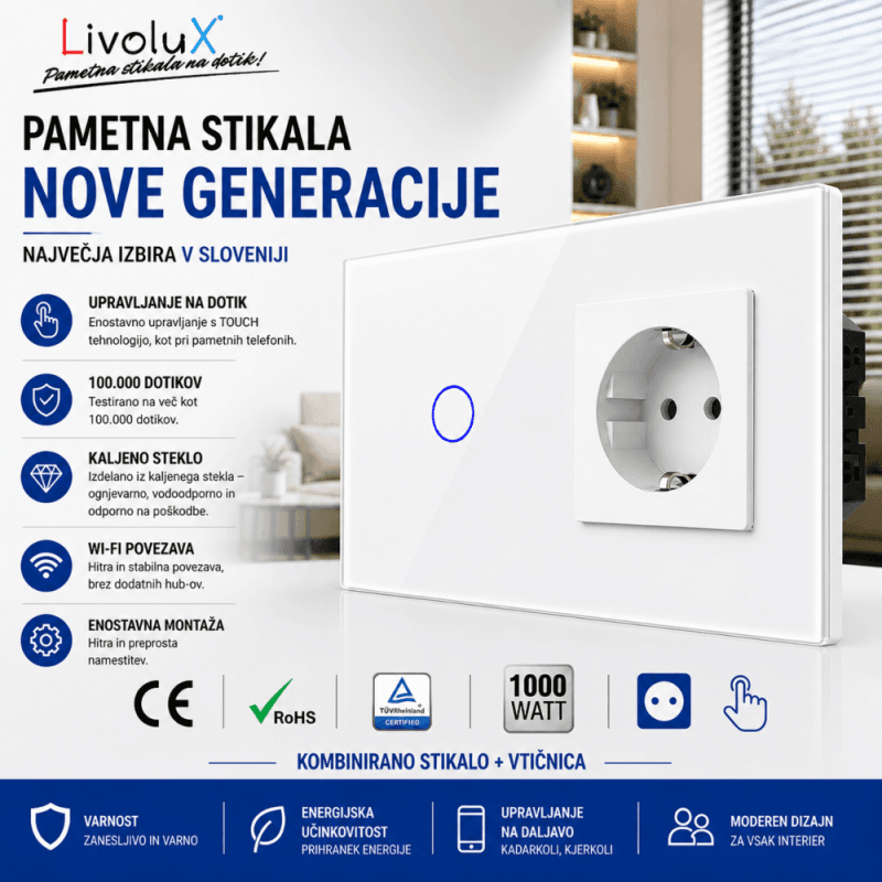 Livolux kombinirano touch stikalo 1G1W z vgrajeno vtičnico – belo stekleno pametno stikalo