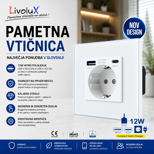 Livolux stenska vtičnica z USB Type A+C 20W izhodom – bela