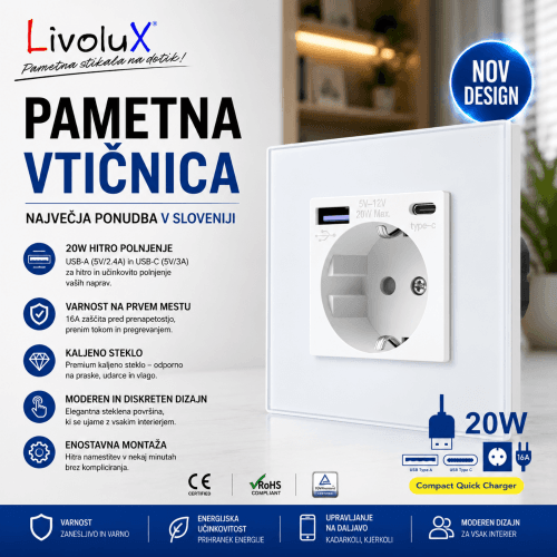 Livolux stenska vtičnica z USB Type A+C 20W izhodom – bela