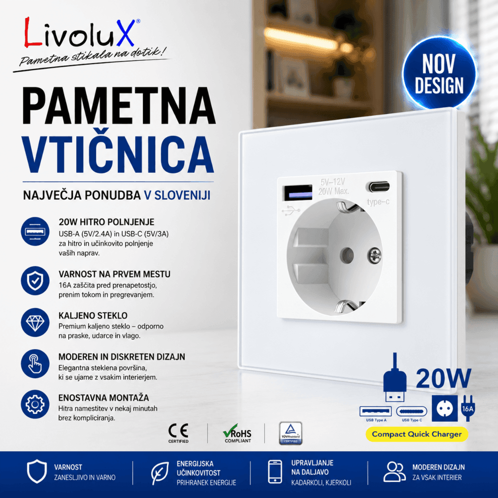 Livolux stenska vtičnica z USB Type A+C 20W izhodom – bela