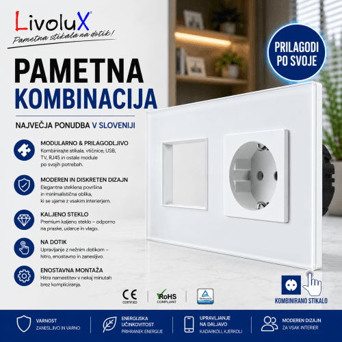 Livolux modul in vtičnica v elegantni beli stekleni postavitvi