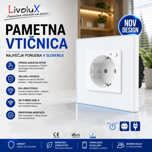 Livolux modularni ON/OFF stenski gumb z belim okvirjem iz kaljenega stekla