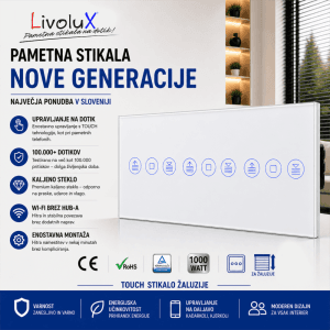 Livolux stekleno touch stikalo za žaluzije – trojno, belo Livolux stekleno touch stikalo za žaluzije – trojno, belo