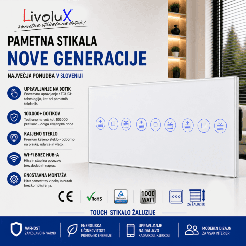 Livolux stekleno touch stikalo za žaluzije – trojno, belo Livolux stekleno touch stikalo za žaluzije – trojno, belo