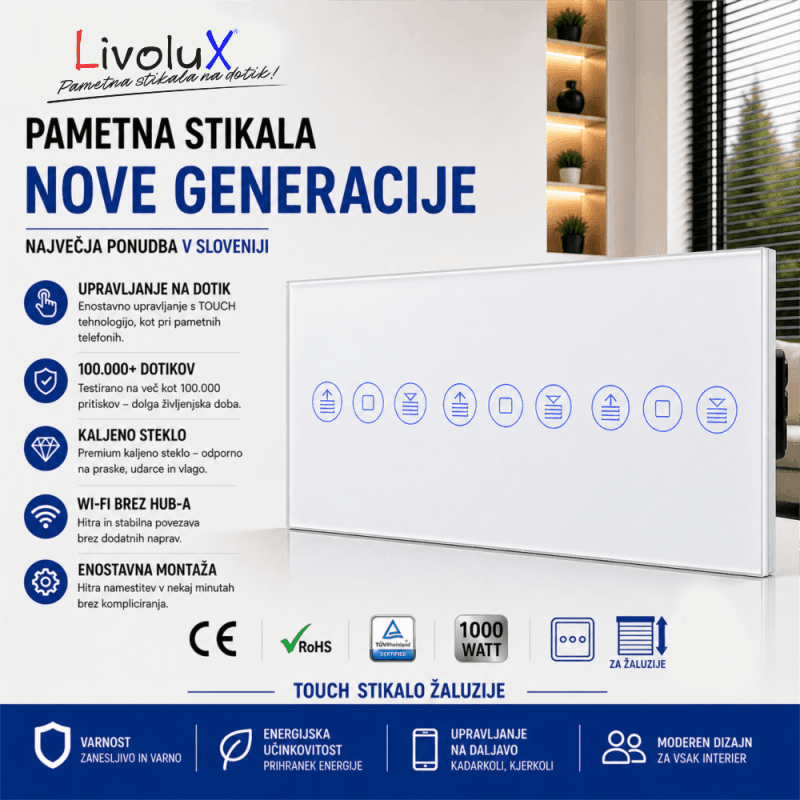 Livolux stekleno touch stikalo za žaluzije – trojno, belo Livolux stekleno touch stikalo za žaluzije – trojno, belo