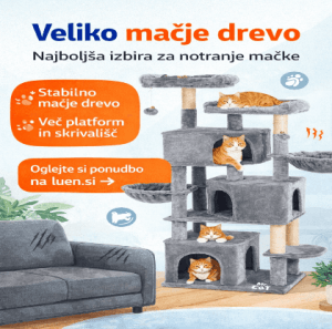 Veliko mačje drevo z več nivoji in skrivališči za notranje mačke