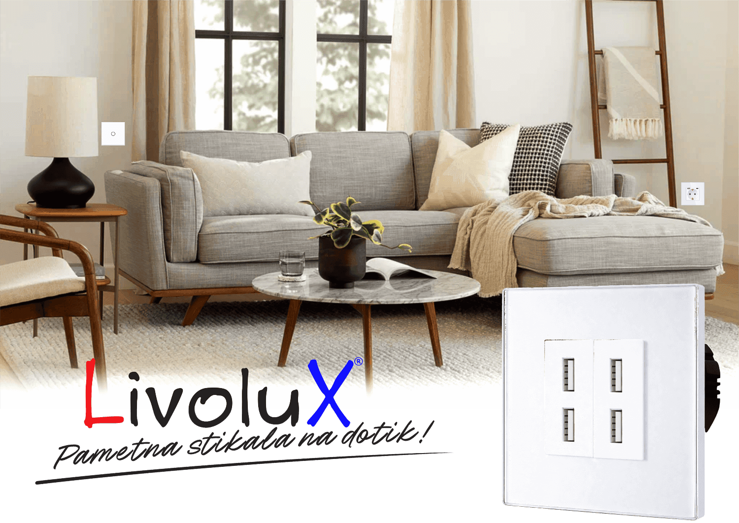Livolux touch vtičnica z USB priključkom v sodobnem dnevnem prostoru