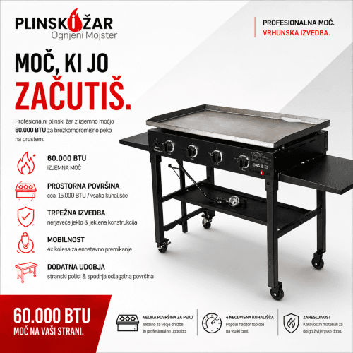 Plinski žar 60.000 BTU – 4 gorilniki iz nerjavečega jekla Plinski žar s 4 gorilniki in skupno močjo 60.000 BTU ter stranskimi odlagalnimi poličkami