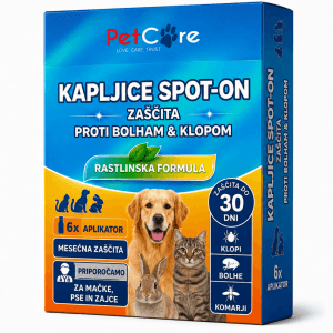 Kapljice Spot-On za zaščito proti bolham, klopom in komarjem za pse, mačke in zajce – rastlinska formula PetCare