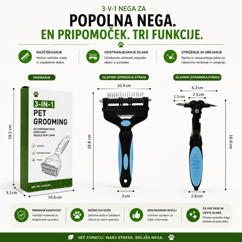 3IN1Tangler, dvostranska krtača za odstranjevanje odpadle dlake in poddlake