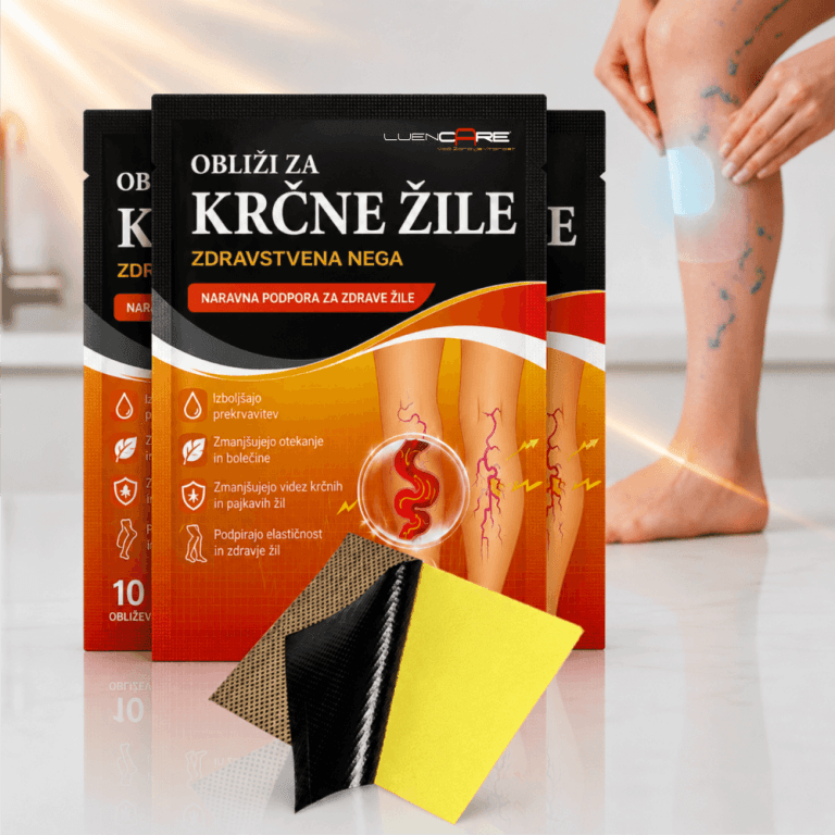 Obliži za krčne žile z naravnimi sestavinami za lajšanje bolečin, oteklin in utrujenih nog.