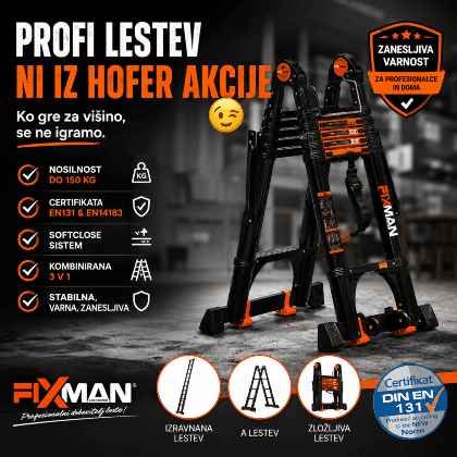 Profi teleskopska lestev FIXMAN 6,6 m za profesionalno uporabo z EN131 certifikatom in nosilnostjo 150 kg