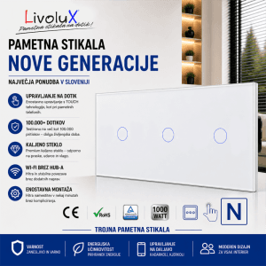 Livolux trojno touch stikalo – 3x ONE Touch v belem steklu