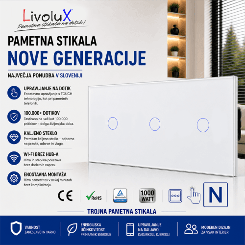 Livolux 3x ONE Touch – Trojno Touch Stikalo (Belo Steklo) Livolux trojno touch stikalo – 3x ONE Touch v belem steklu