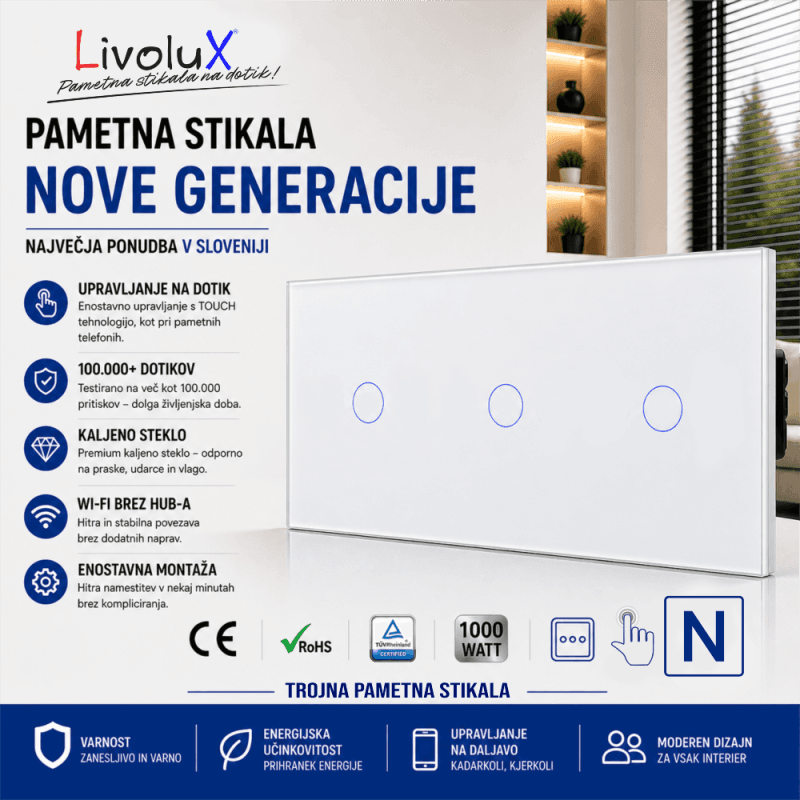 Livolux 3x ONE Touch – Trojno Touch Stikalo (Belo Steklo) Livolux trojno touch stikalo – 3x ONE Touch v belem steklu