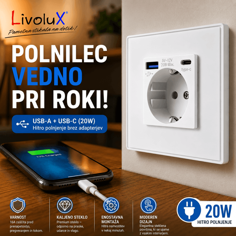 LivoluX SMART BASIC vtičnica z USB-A in USB-C 20W hitrim polnjenjem