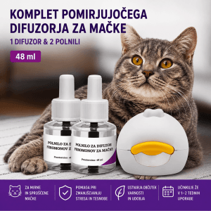 Feromonski difuzor za mačke – začetni komplet z 2 polniloma 48 ml Feromonski difuzor za mačke z 2 polniloma 48 ml za zmanjšanje stresa in tesnobe