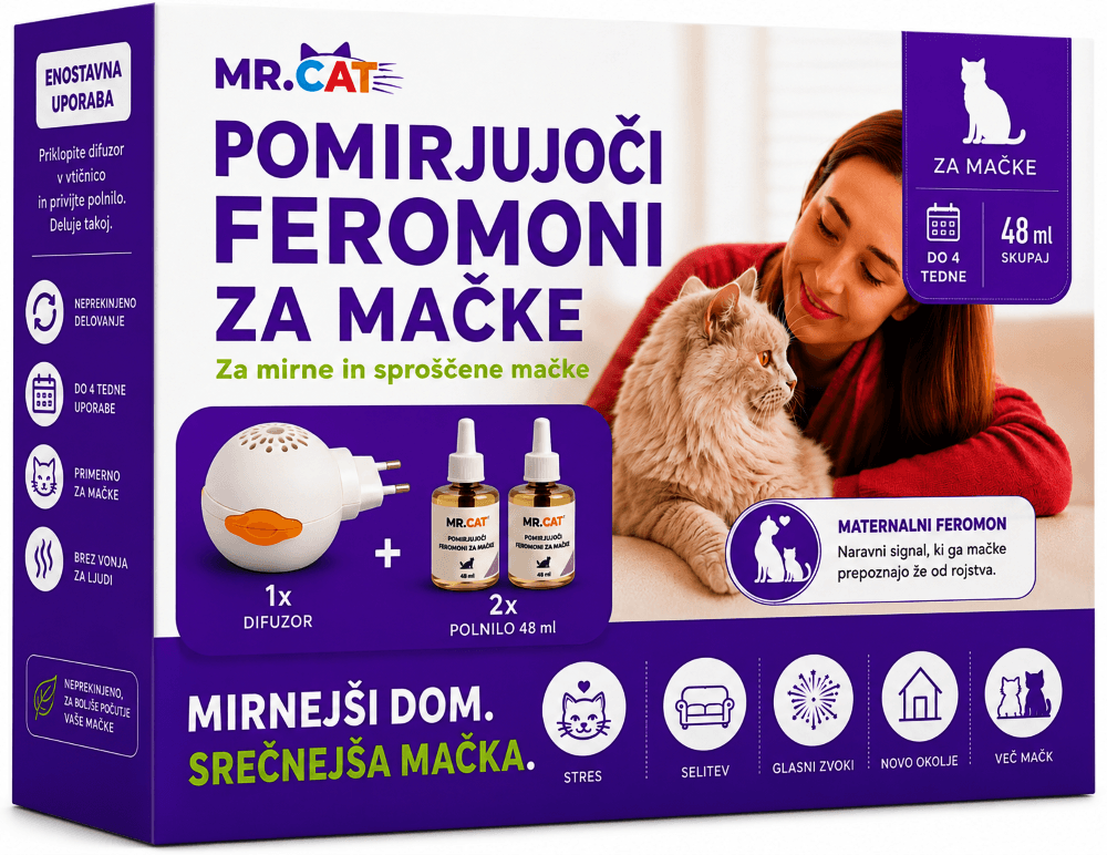 Mr. Cat pomirjujoči feromoni za mačke – difuzor komplet z 2 polniloma 48 ml