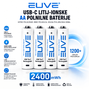 EUVE USB-C litij-ionske AA polnilne baterije 2400 mWh – polnjenje brez posebnega polnilca