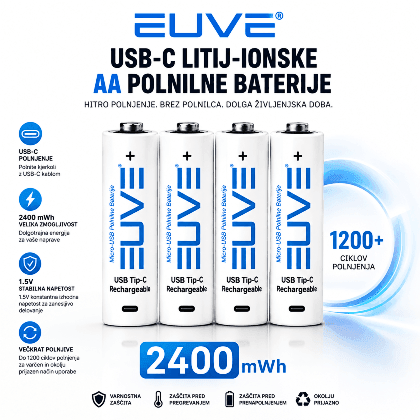 EUVE USB-C litij-ionske AA polnilne baterije 2400 mWh – polnjenje brez posebnega polnilca