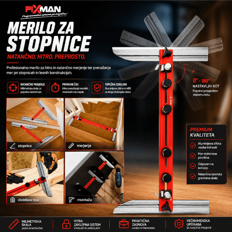 Merilno orodje za stopnice – nastavljiva šablona Nastavljivo merilno orodje za stopnice in natančen prenos kotov