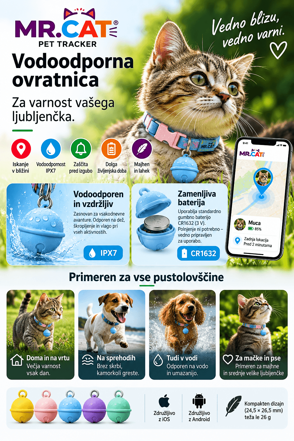 MR.CAT vodoodporni sledilnik za mačke in pse z ovratnico