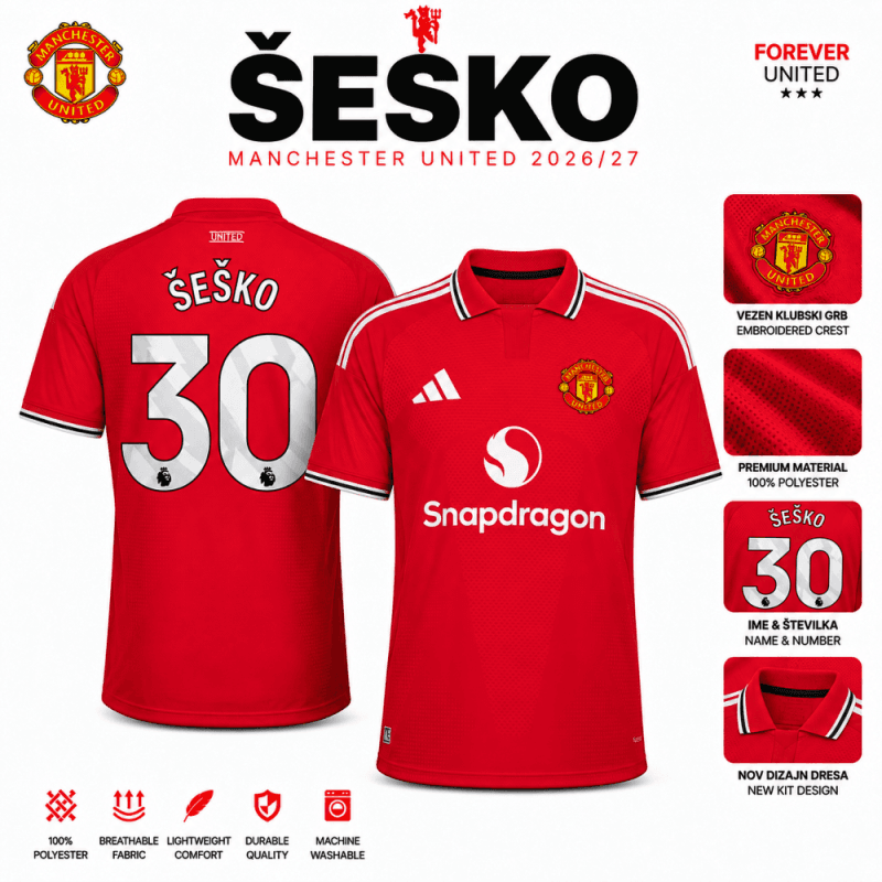Manchester United dres Šeško 30 – rdeč domači Nogometni dres Manchester United Šeško 30 rdeč domači komplet