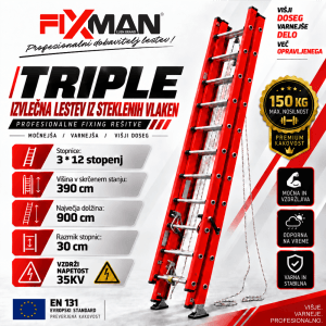 FIXMAN 3-delna izvlečna lestev iz steklenih vlaken – profesionalna fiberglass lestev 150 kg