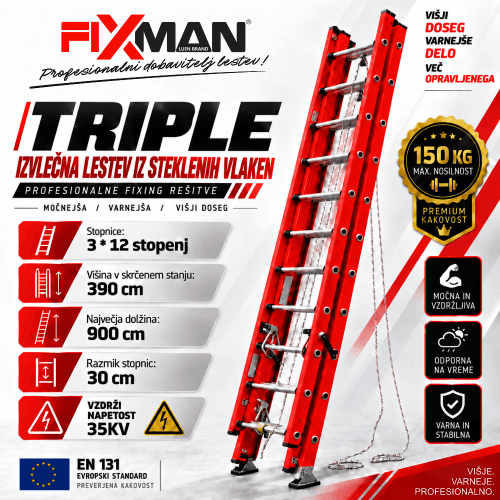 FIXMAN 3-delna izvlečna lestev iz steklenih vlaken – profesionalna fiberglass lestev 150 kg FIXMAN 3-delna izvlečna lestev iz steklenih vlaken – profesionalna fiberglass lestev 150 kg